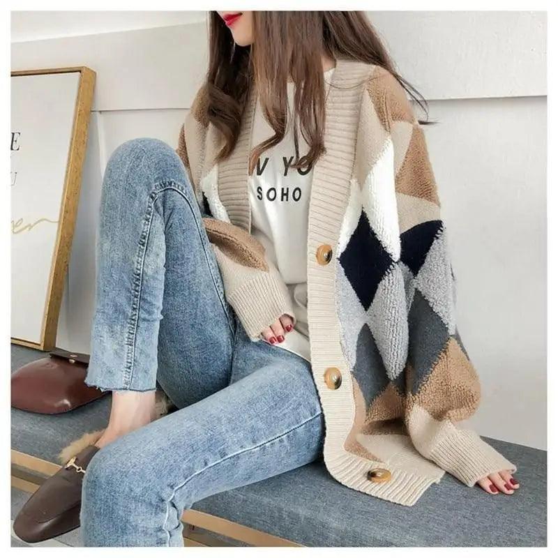Women wearing a mid-length knit casual cardigan sweater in a comfortable, relaxed fit