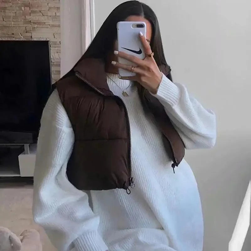 Women's High Collar Sleeveless Vest in Coffee - Modern Streetwear