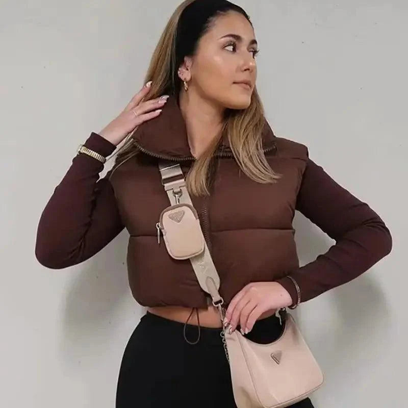 Women's High Collar Sleeveless Vest in Coffee - Modern Streetwear