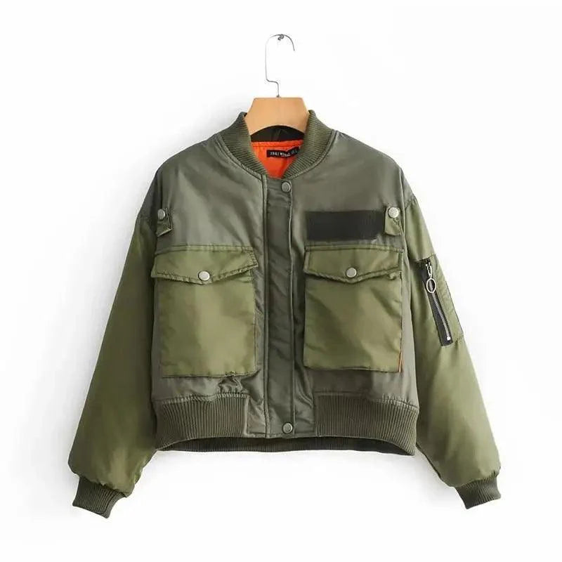 Women's Green Bomber Jacket - Classic Short Zip-Up Outerwear