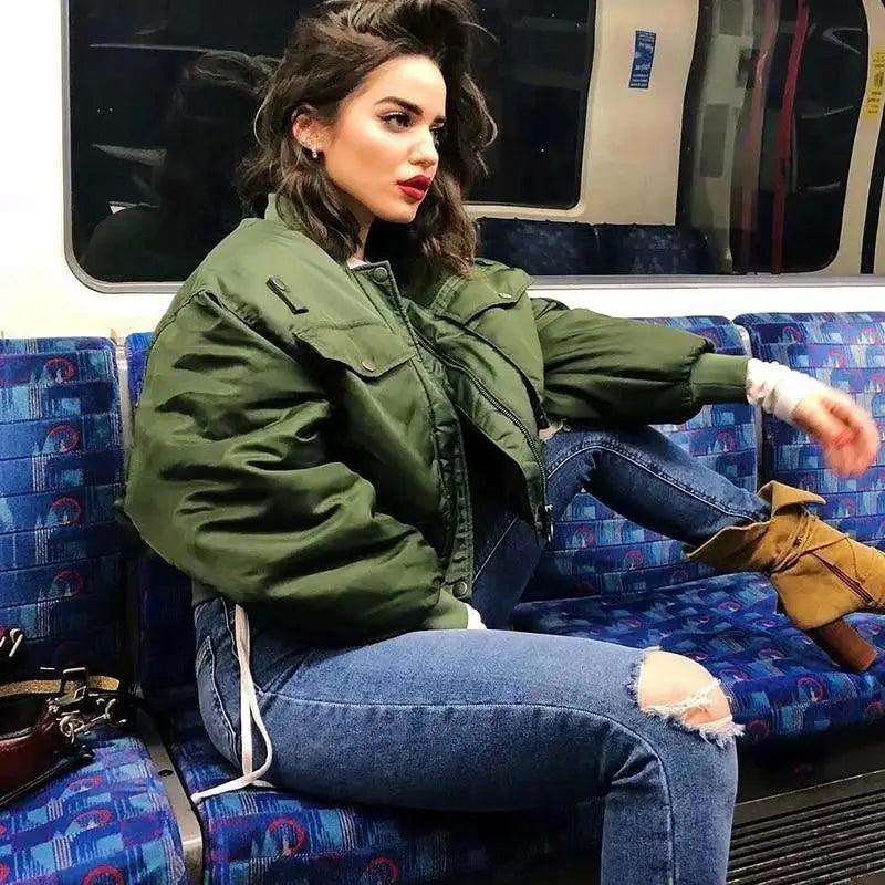 Women's Green Bomber Jacket - Classic Short Zip-Up Outerwear