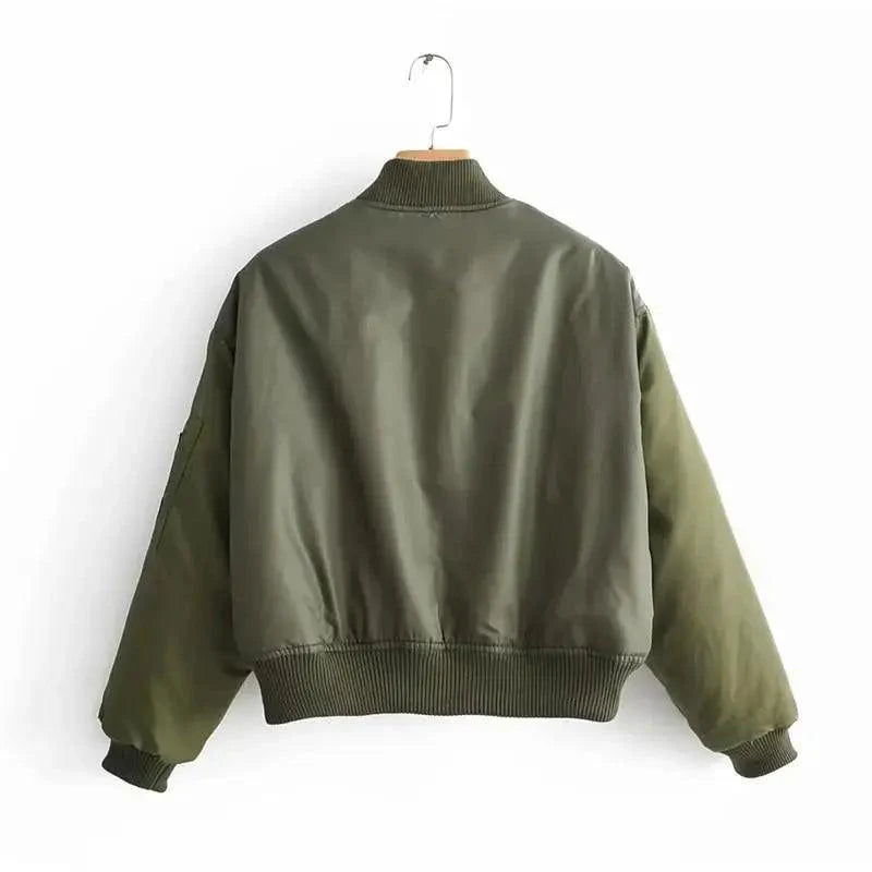 Women's Green Bomber Jacket - Classic Short Zip-Up Outerwear