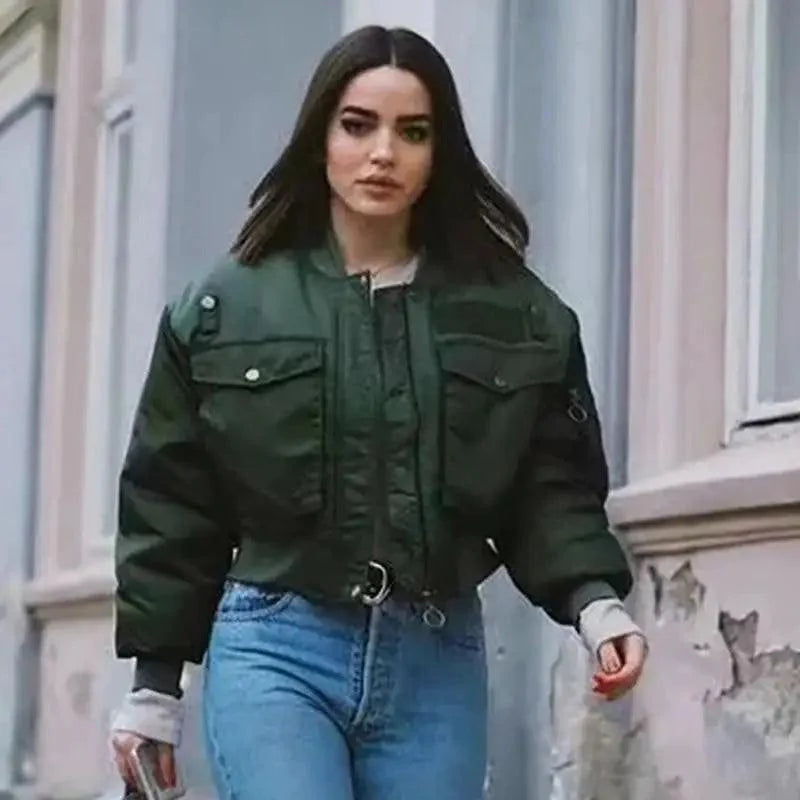 Women's Green Bomber Jacket - Classic Short Zip-Up Outerwear