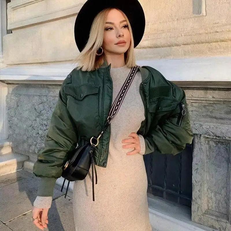 Women's Green Bomber Jacket - Classic Short Zip-Up Outerwear