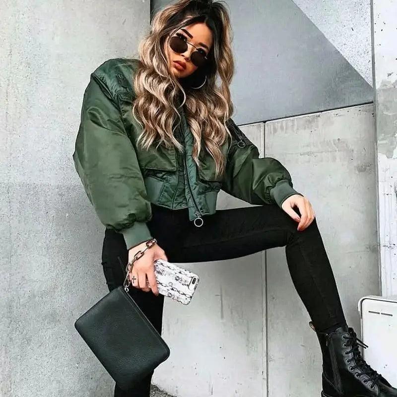 Women's Green Bomber Jacket - Classic Short Zip-Up Outerwear