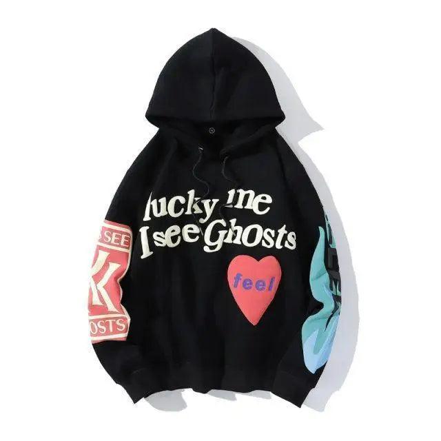 Unisex 'Lucky Me I See Ghosts' Graphic Hoodie - Hip Hop Streetwear
