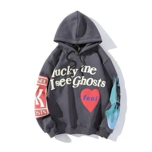Unisex 'Lucky Me I See Ghosts' Graphic Hoodie - Hip Hop Streetwear