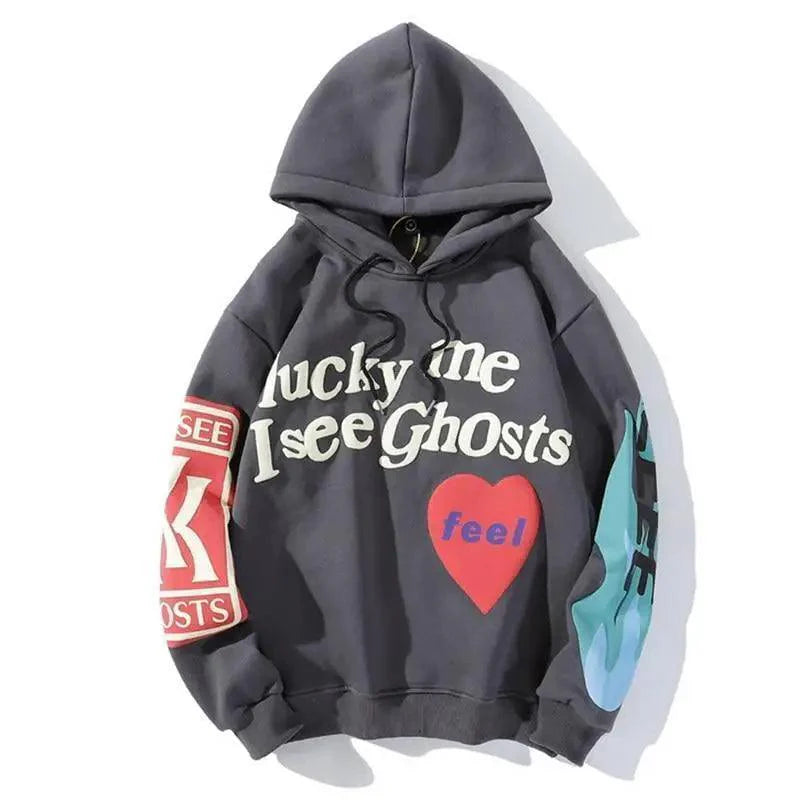 Unisex Lucky Me I See Ghosts graphic streetwear hoodie available in black, charcoal, red, and blue.