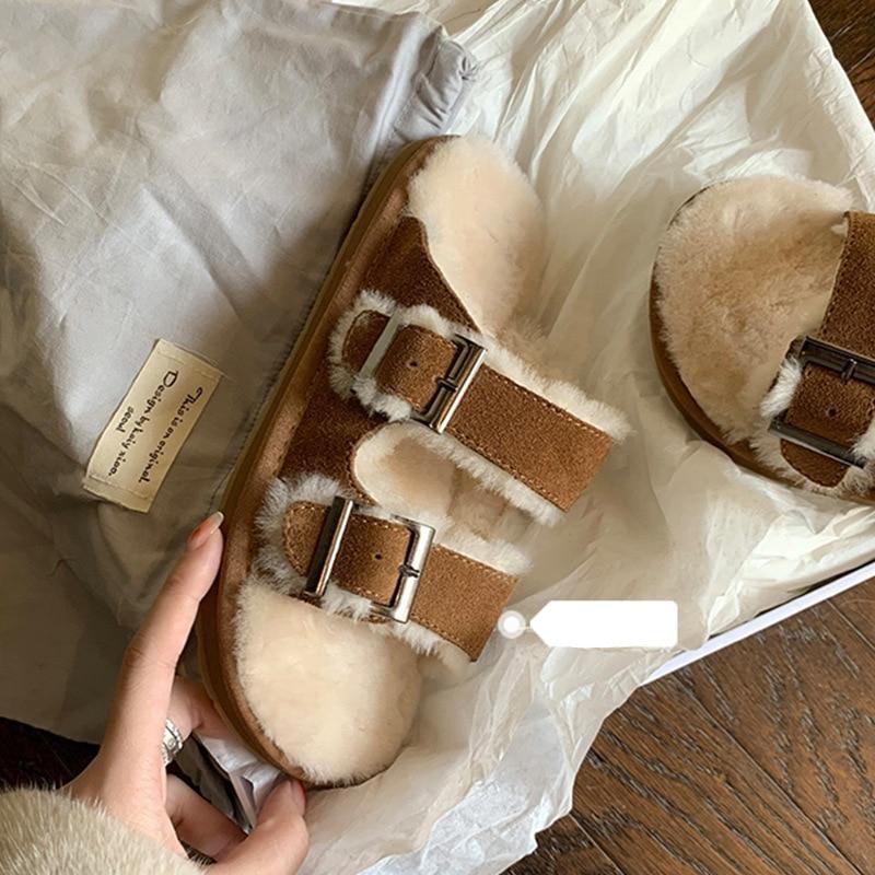 Women's Fur-Lined Adjustable Buckle Clog Slippers for Indoor Outdoor