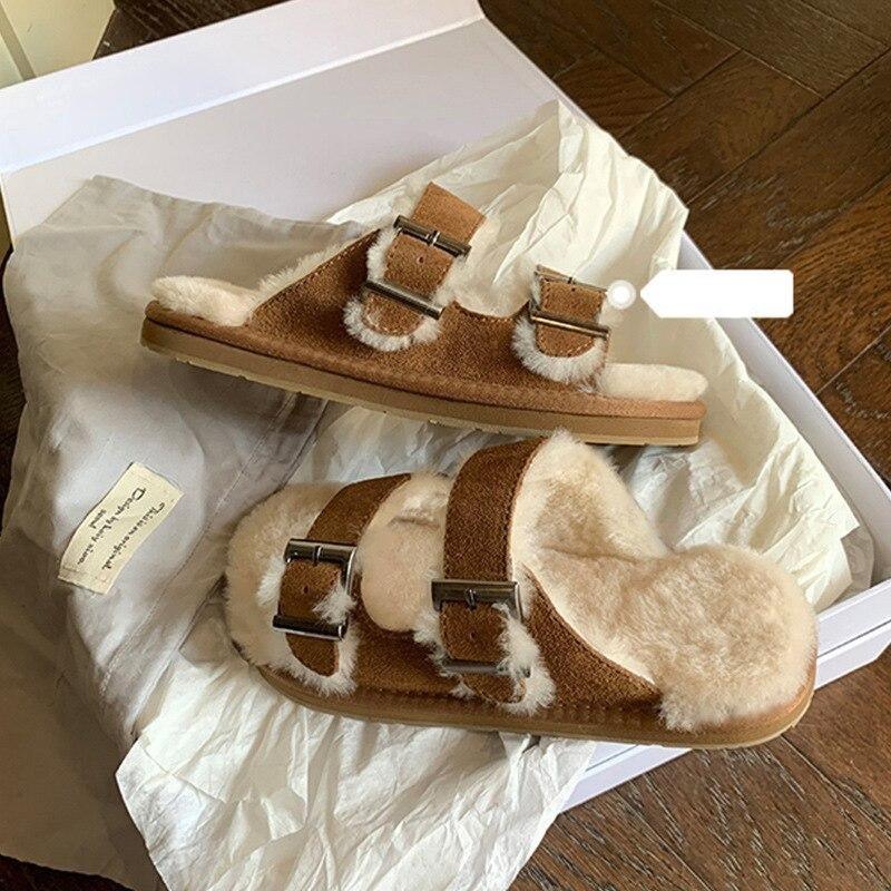 Women's Fur-Lined Adjustable Buckle Clog Slippers for Indoor Outdoor