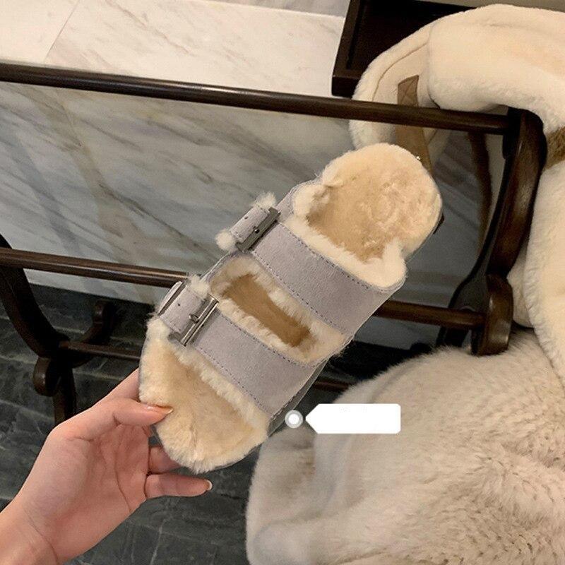Women's Fur-Lined Adjustable Buckle Clog Slippers for Indoor Outdoor