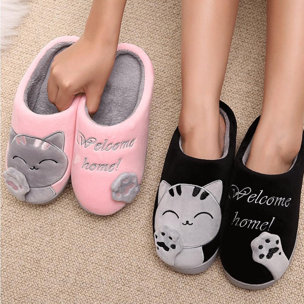Unisex Cute Cat Print Fuzzy Slippers - Soft Memory Foam House Shoes