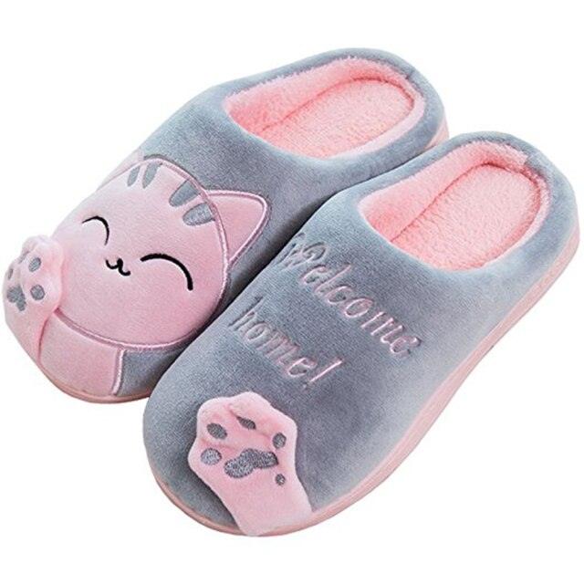 Unisex Cute Cat Print Fuzzy Slippers - Soft Memory Foam House Shoes