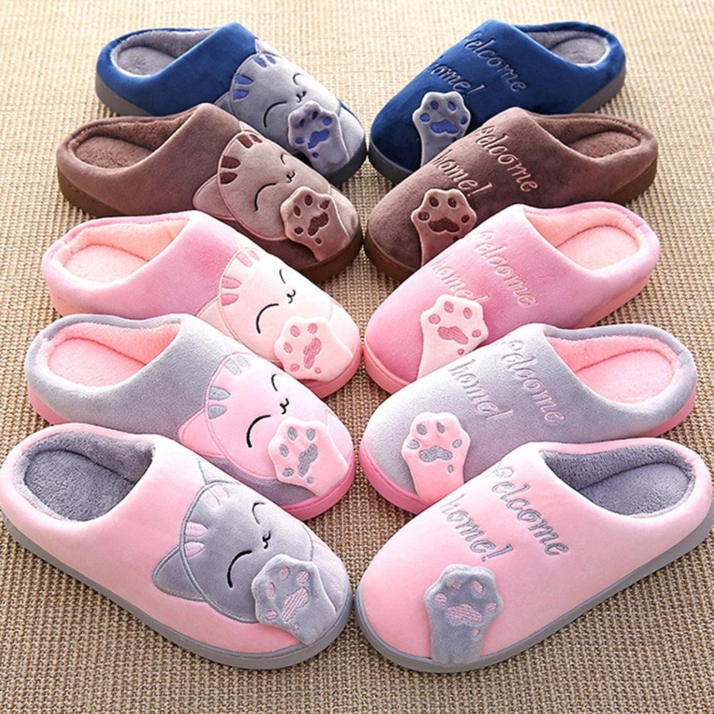 Unisex Cute Cat Print Fuzzy Slippers - Soft Memory Foam House Shoes