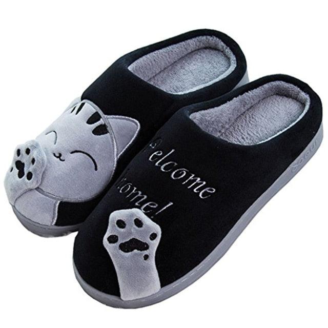Unisex Cute Cat Print Fuzzy Slippers - Soft Memory Foam House Shoes