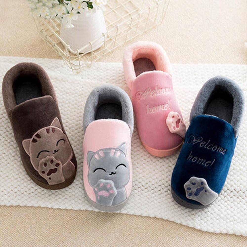 Unisex Cute Cat Print Fuzzy Slippers - Soft Memory Foam House Shoes