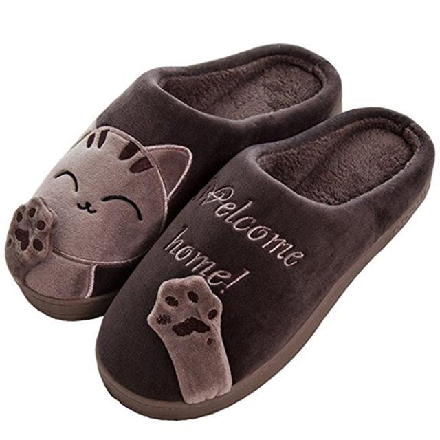 Unisex Cute Cat Print Fuzzy Slippers - Soft Memory Foam House Shoes
