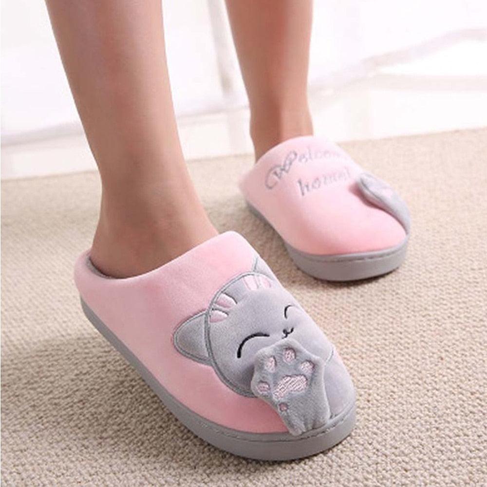 Unisex Cute Cat Print Fuzzy Slippers - Soft Memory Foam House Shoes
