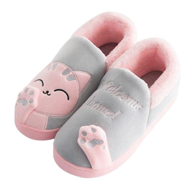 Unisex Cute Cat Print Fuzzy Slippers - Soft Memory Foam House Shoes