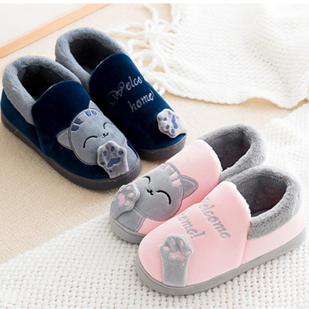 Unisex Cute Cat Print Fuzzy Slippers - Soft Memory Foam House Shoes