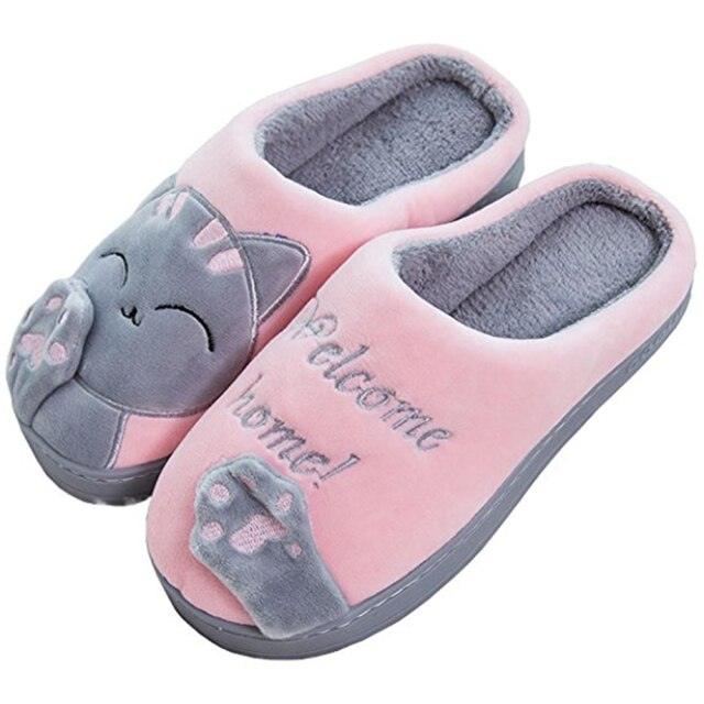 Unisex Cute Cat Print Fuzzy Slippers - Soft Memory Foam House Shoes