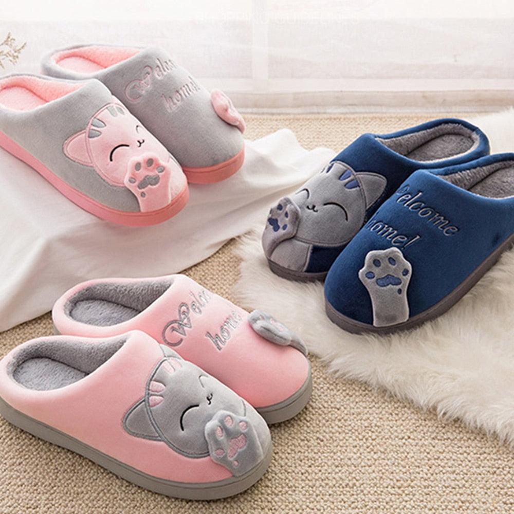 Unisex Cute Cat Print Fuzzy Slippers - Soft Memory Foam House Shoes