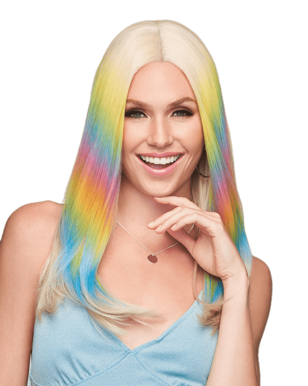 Dance Till Dawn synthetic wig with pastel rainbow highlights on a platinum blonde base