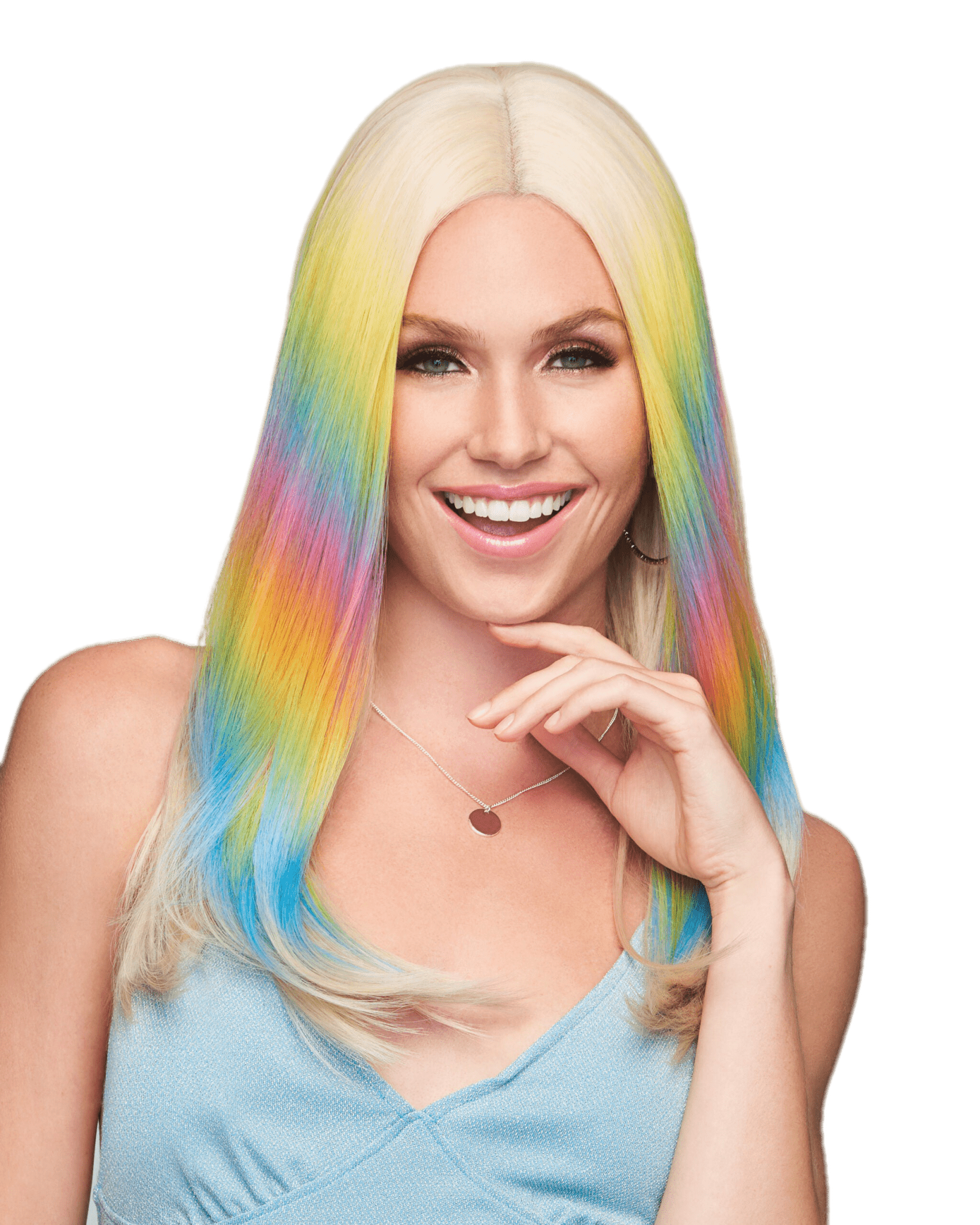 Dance Till Dawn synthetic wig with pastel rainbow highlights on a platinum blonde base