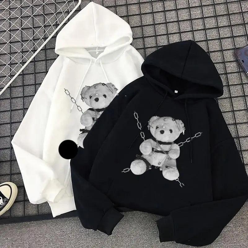 Women's oversized punk-style hoodie with vintage bear print graphic.