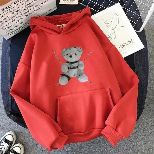 Women's Oversized Vintage Bear Print Drawstring Punk Hoodie