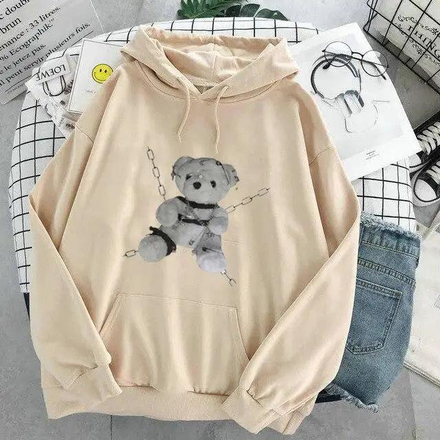Women's Oversized Vintage Bear Print Drawstring Punk Hoodie
