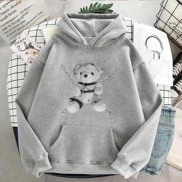 Women's Oversized Vintage Bear Print Drawstring Punk Hoodie