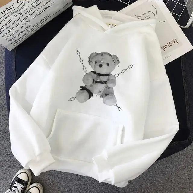 Women's Oversized Vintage Bear Print Drawstring Punk Hoodie