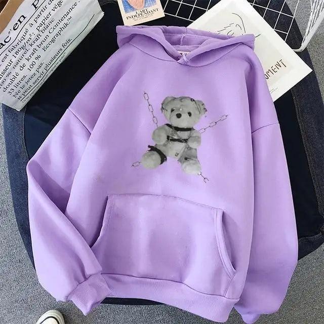 Women's Oversized Vintage Bear Print Drawstring Punk Hoodie