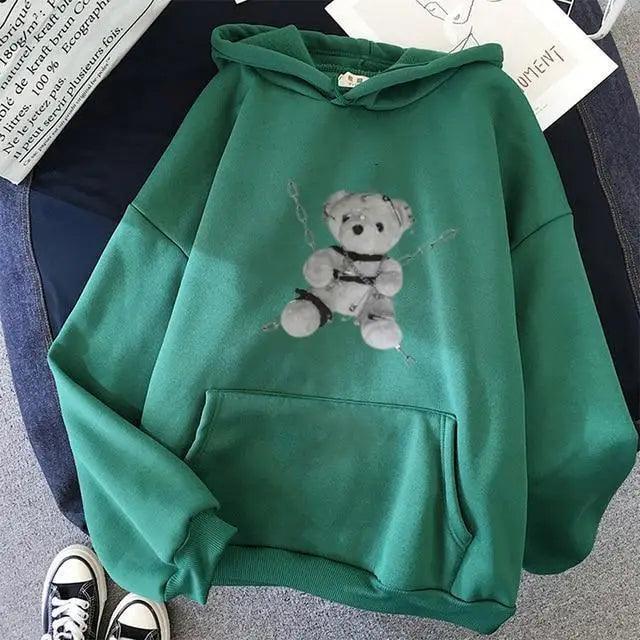 Women's Oversized Vintage Bear Print Drawstring Punk Hoodie