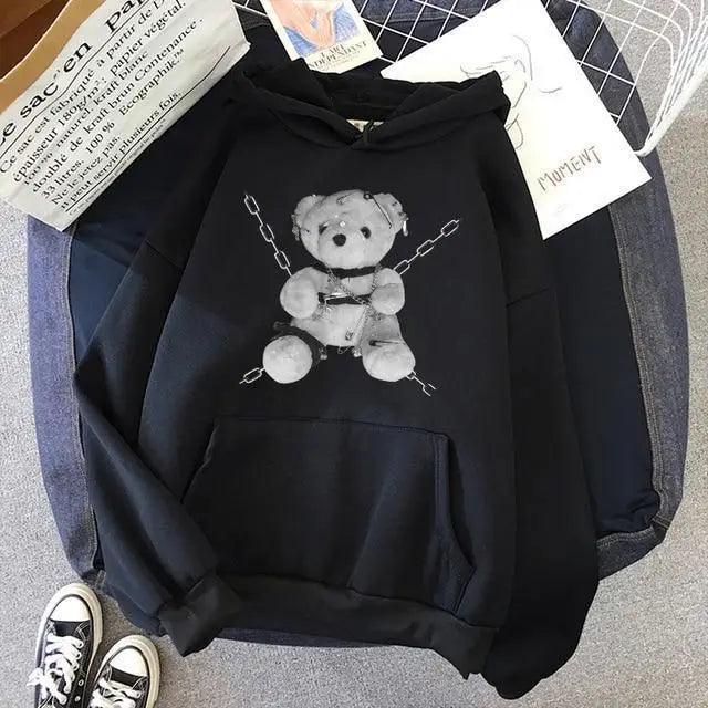 Women's Oversized Vintage Bear Print Drawstring Punk Hoodie
