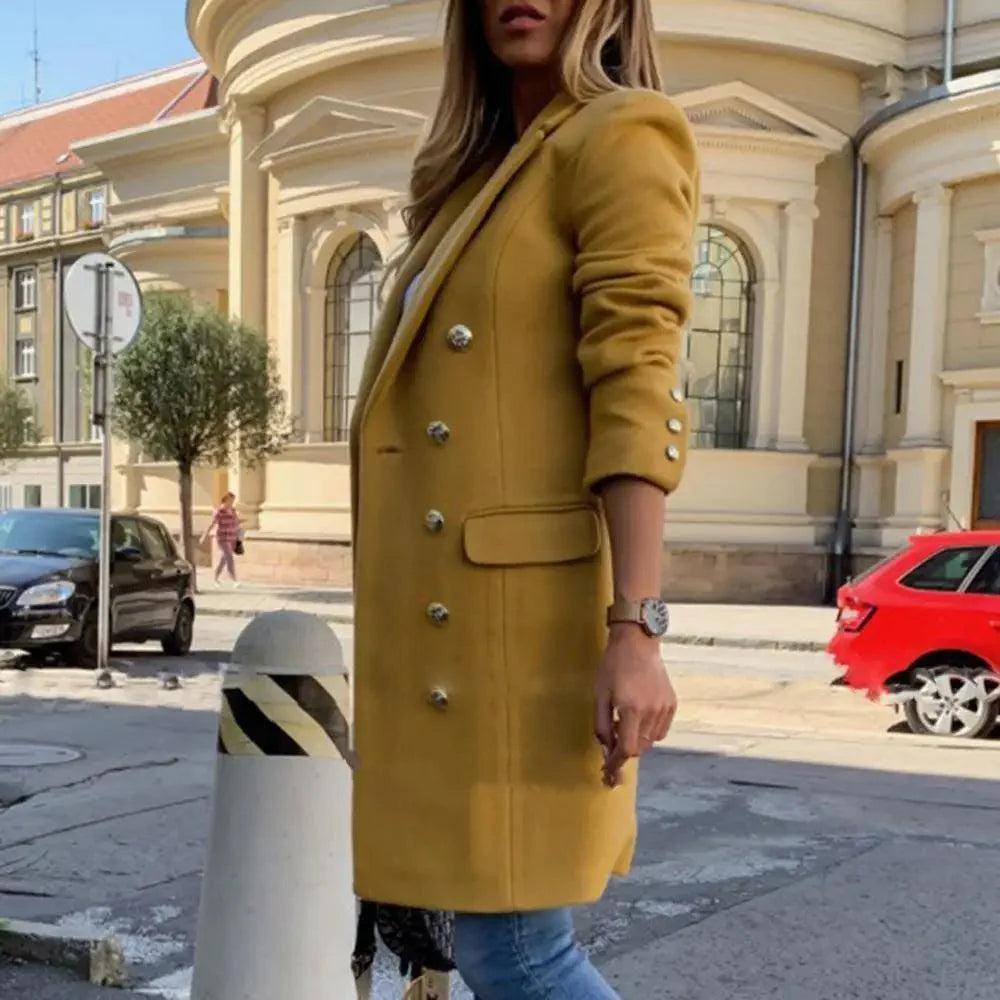 Elegant Long Double Breasted Faux Wool Coat