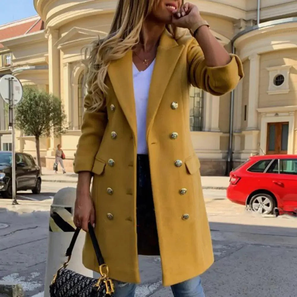 Elegant Long Double Breasted Faux Wool Coat