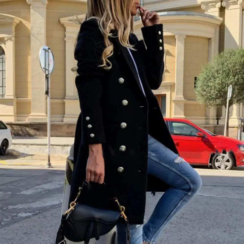 Elegant Long Double Breasted Faux Wool Coat