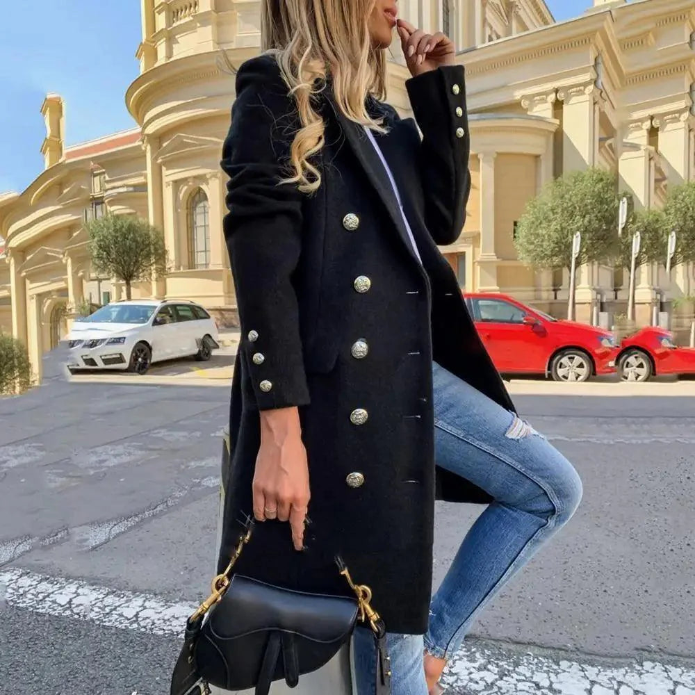 Elegant long double-breasted faux wool coat in black and mustard yellow