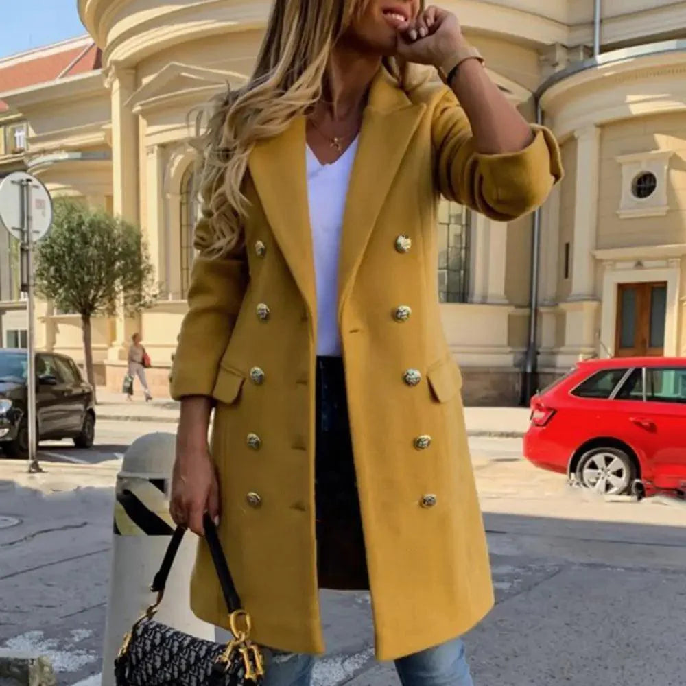 Elegant Long Double Breasted Faux Wool Coat