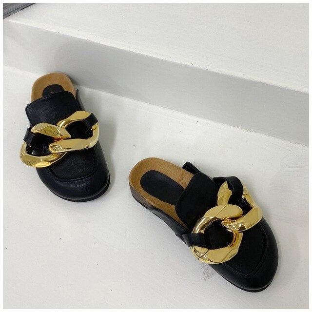 Gold Chain Detail Slip-On Mules Elegant Flat Slide Sandals