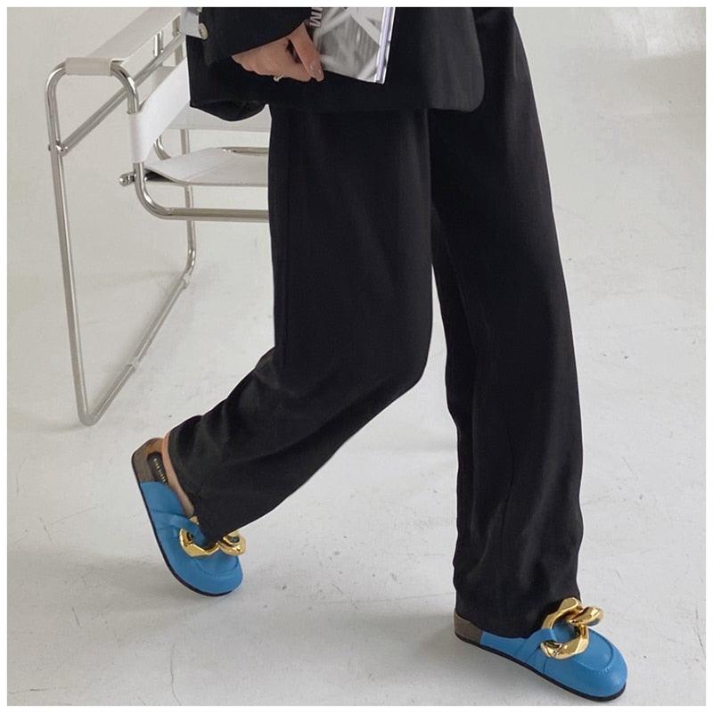 Gold Chain Detail Slip-On Mules Elegant Flat Slide Sandals