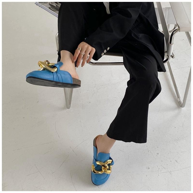 Gold Chain Detail Slip-On Mules Elegant Flat Slide Sandals