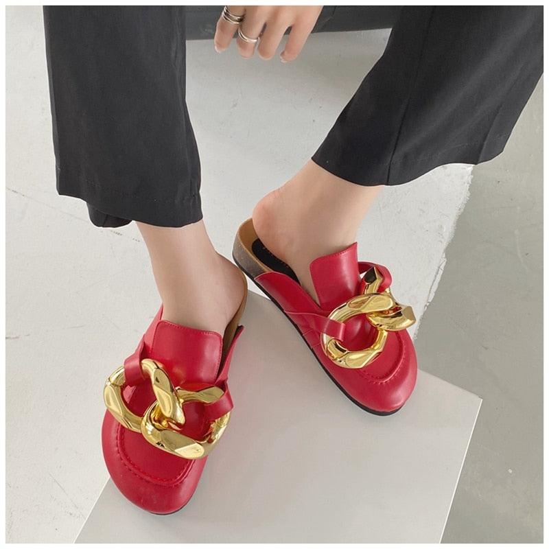 Gold Chain Detail Slip-On Mules Elegant Flat Slide Sandals