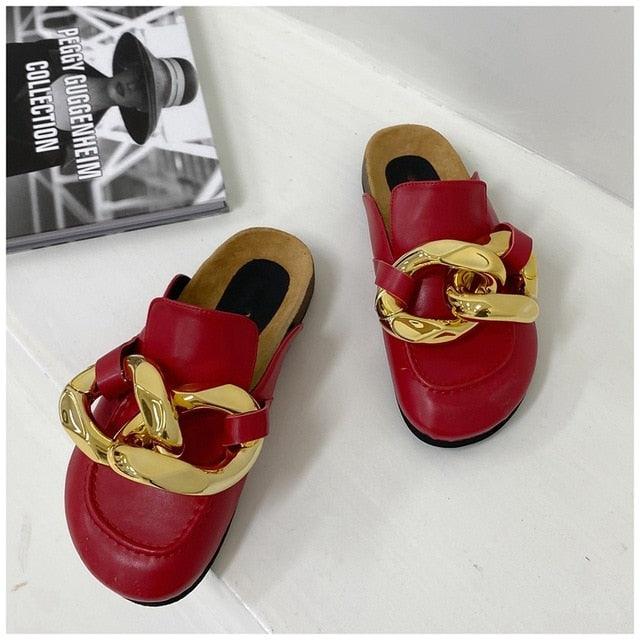 Gold Chain Detail Slip-On Mules Elegant Flat Slide Sandals