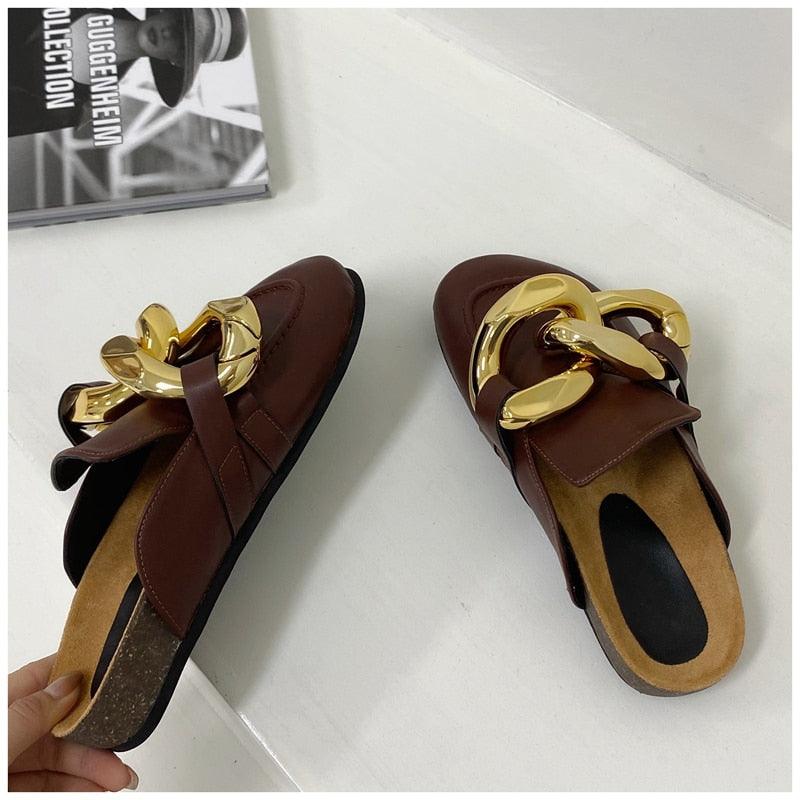 Gold Chain Detail Slip-On Mules Elegant Flat Slide Sandals