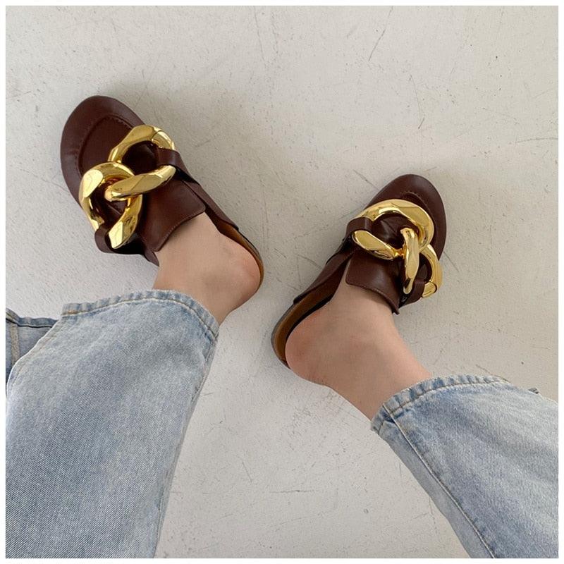 Gold Chain Detail Slip-On Mules Elegant Flat Slide Sandals