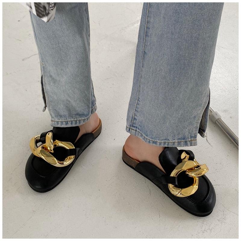 Gold Chain Detail Slip-On Mules Elegant Flat Slide Sandals