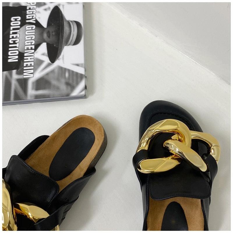 Gold Chain Detail Slip-On Mules Elegant Flat Slide Sandals